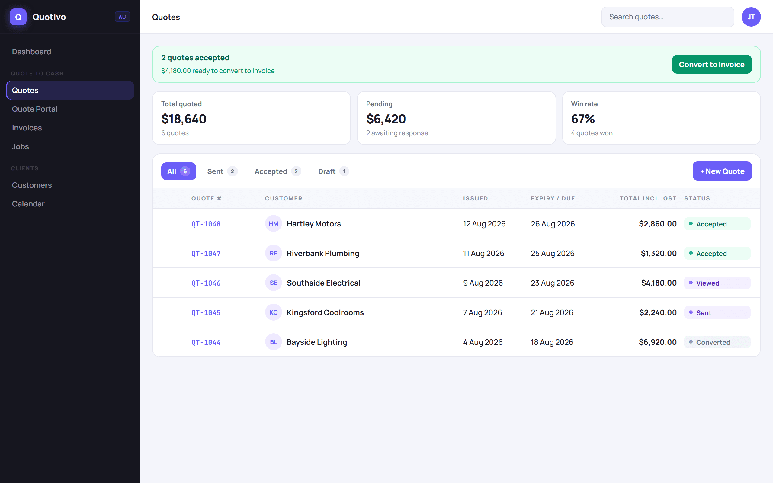 Invoicerr quotes list with accepted quotes ready to convert to invoices